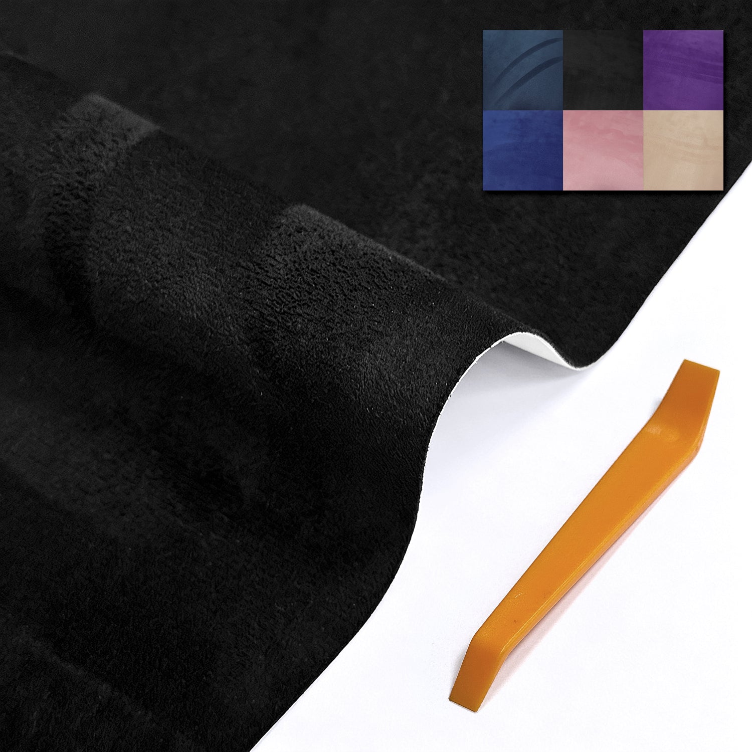 Self-adhesive suede fabric, size 50×140cm, ideal for automotive interior refitting. Perfect for covering dashboards, trunk side panels, wheel arch trims, door panels and other auto interior parts.