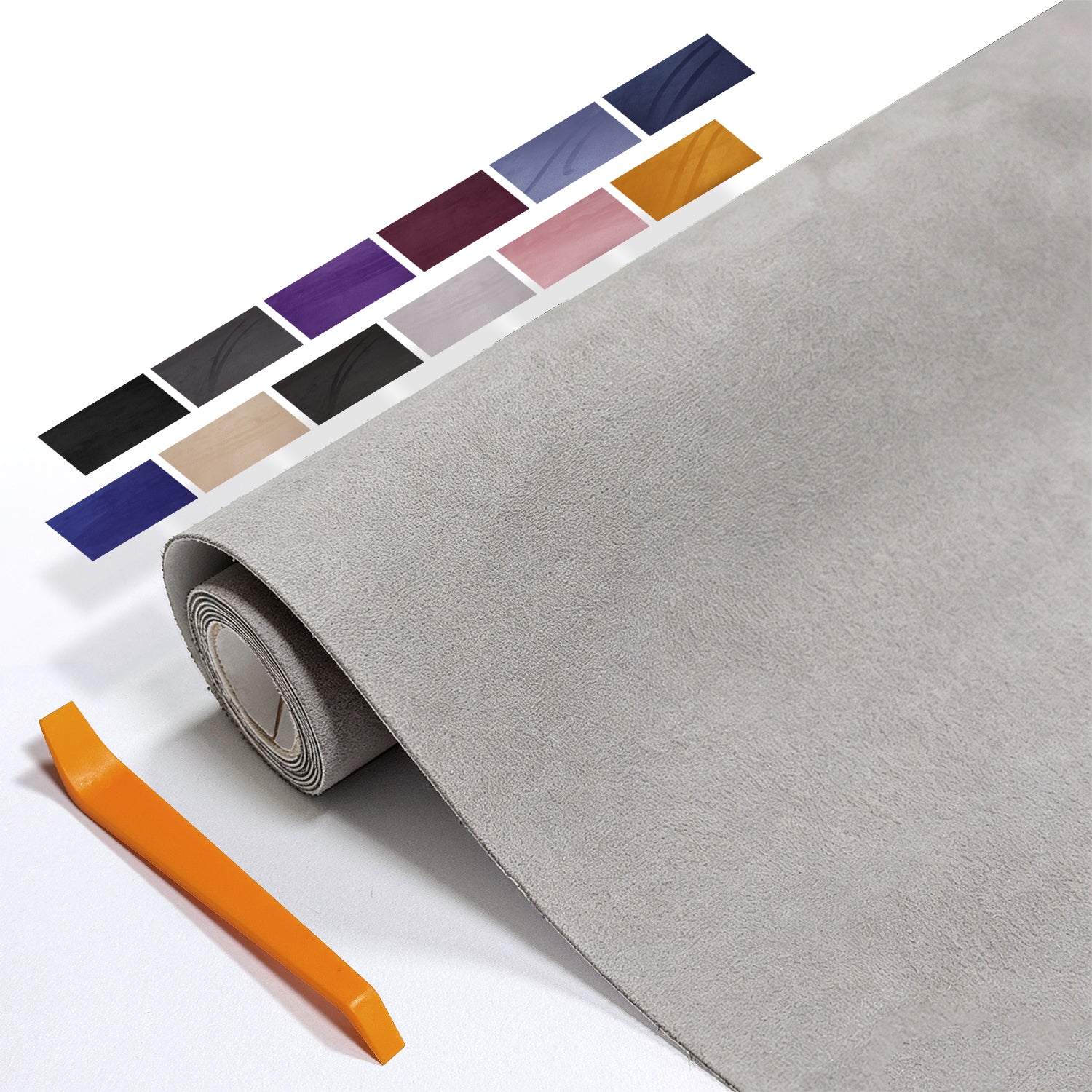 Self-adhesive suede cloth in 40×140cm size. Designed for partial automotive interior wrapping. Perfect for door panels, wheel arch trims, small decorative parts and touch-up modification.