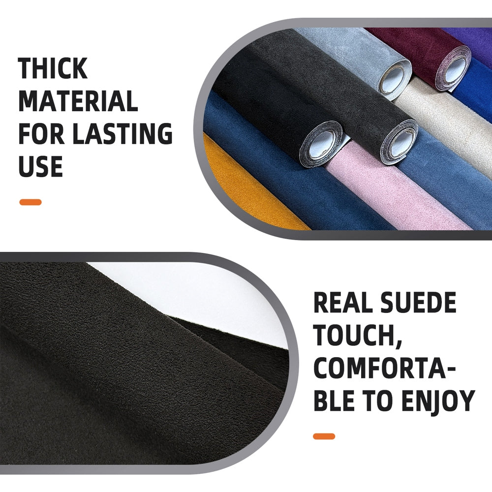 Self-adhesive suede cloth in 40×140cm size. Designed for partial automotive interior wrapping. Perfect for door panels, wheel arch trims, small decorative parts and touch-up modification.