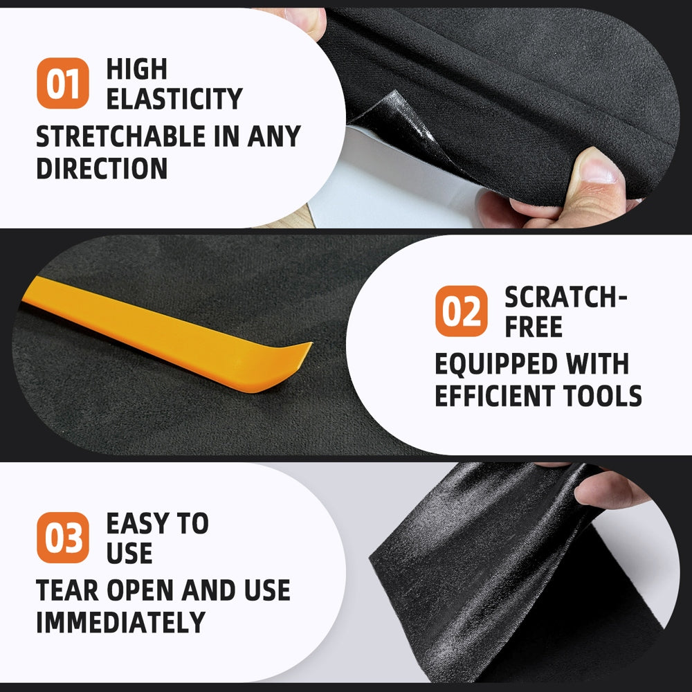 Self-adhesive suede cloth in 40×140cm size. Designed for partial automotive interior wrapping. Perfect for door panels, wheel arch trims, small decorative parts and touch-up modification.