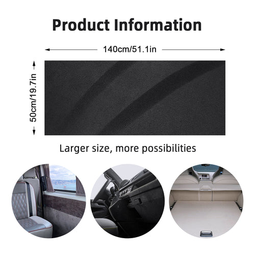 Self-adhesive suede fabric, size 50×140cm, ideal for automotive interior refitting. Perfect for covering dashboards, trunk side panels, wheel arch trims, door panels and other auto interior parts.