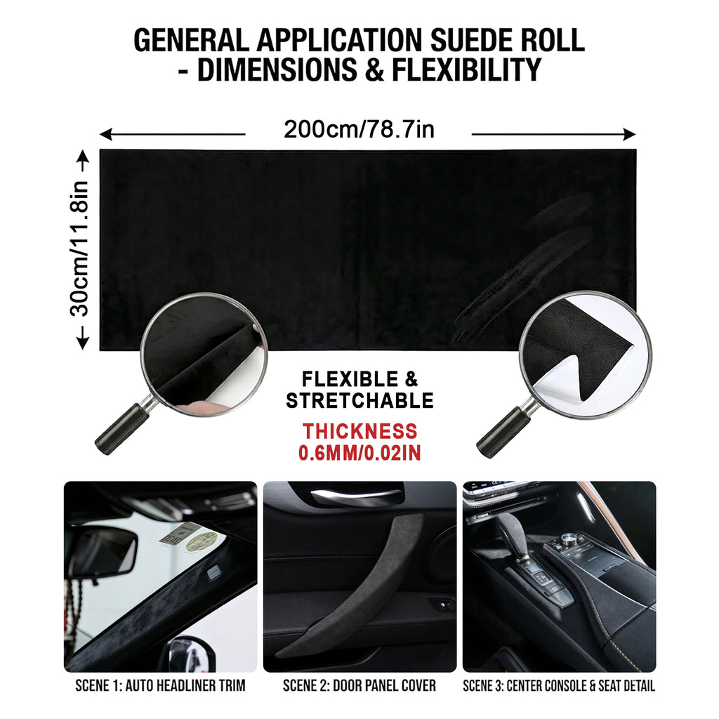 Self-adhesive suede fabric, ideal for automotive interior modification including dashboards, trunk side panels, wheel arch trim panels, door panels and more.