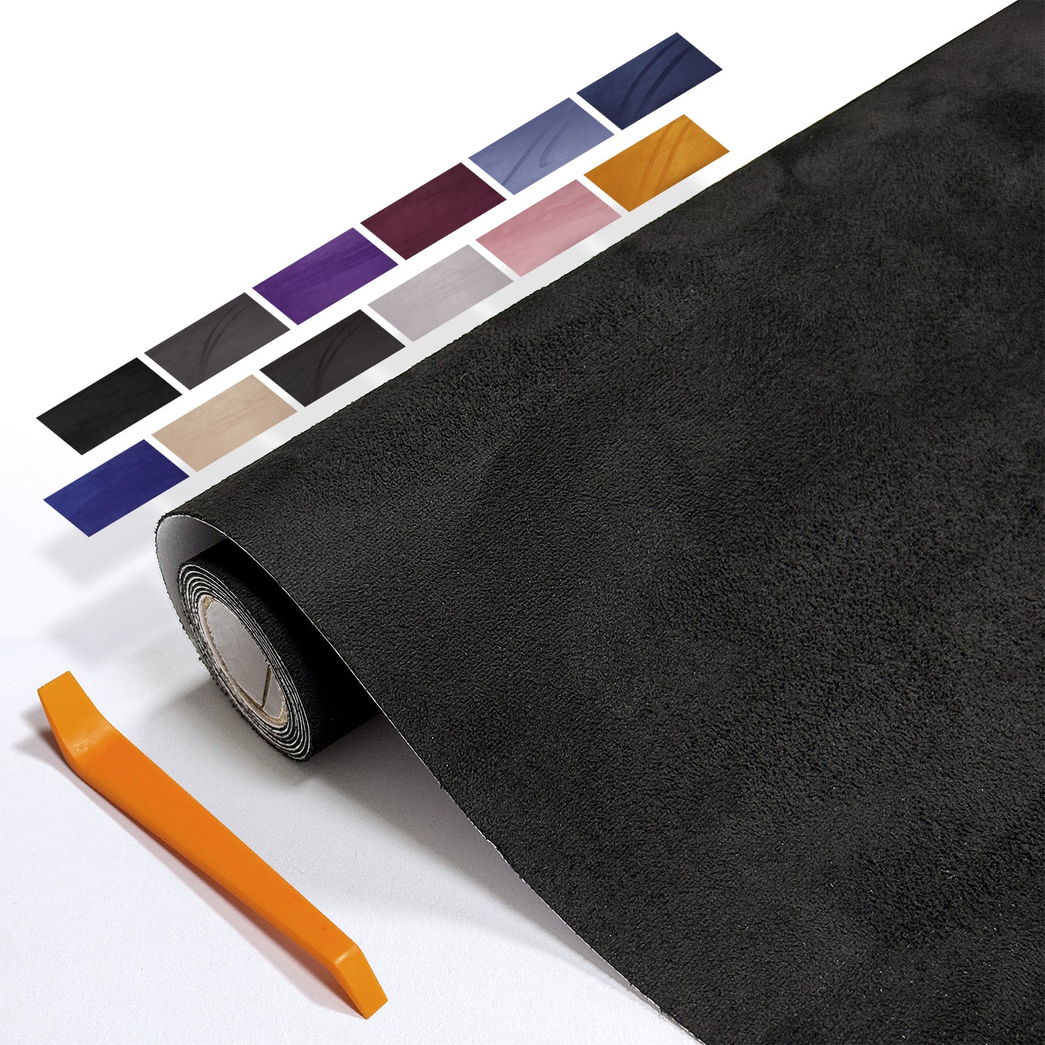 Self-adhesive suede cloth in 40×140cm size. Designed for partial automotive interior wrapping. Perfect for door panels, wheel arch trims, small decorative parts and touch-up modification.