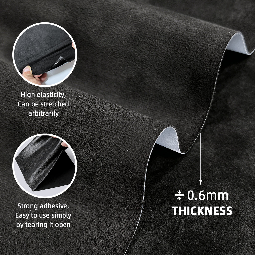 Self-adhesive suede fabric, size 50×140cm, ideal for automotive interior refitting. Perfect for covering dashboards, trunk side panels, wheel arch trims, door panels and other auto interior parts.