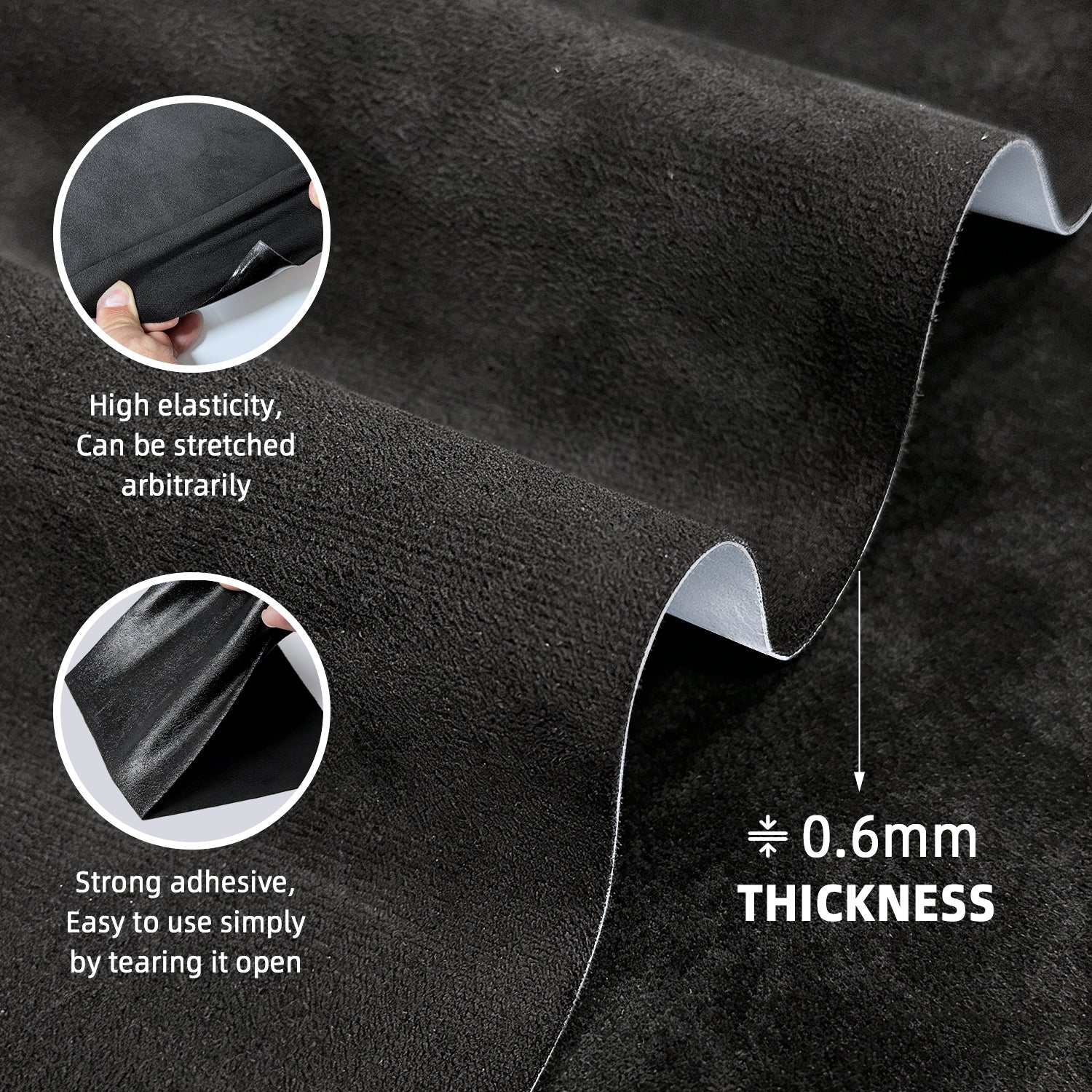 Self-adhesive suede fabric, size 50×140cm, ideal for automotive interior refitting. Perfect for covering dashboards, trunk side panels, wheel arch trims, door panels and other auto interior parts.