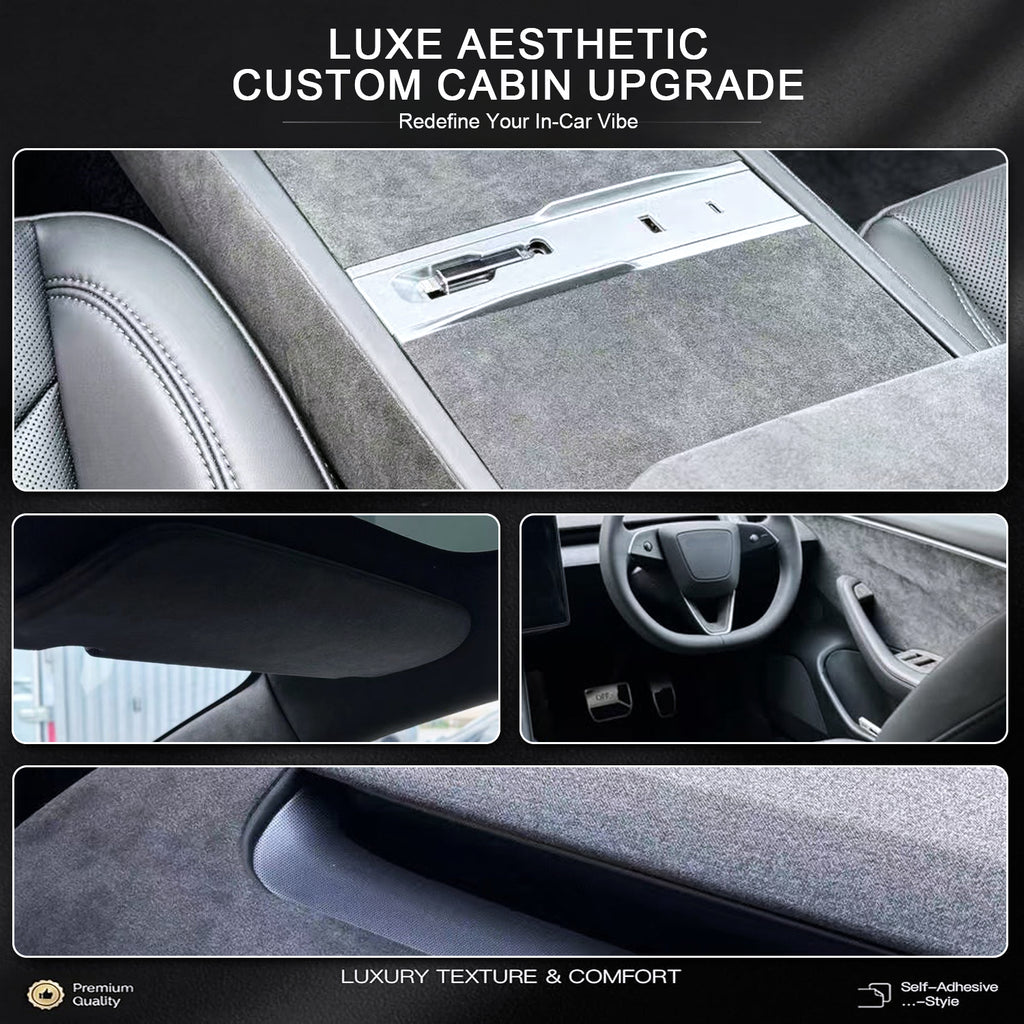 Self-adhesive suede fabric, ideal for automotive interior modification including dashboards, trunk side panels, wheel arch trim panels, door panels and more.