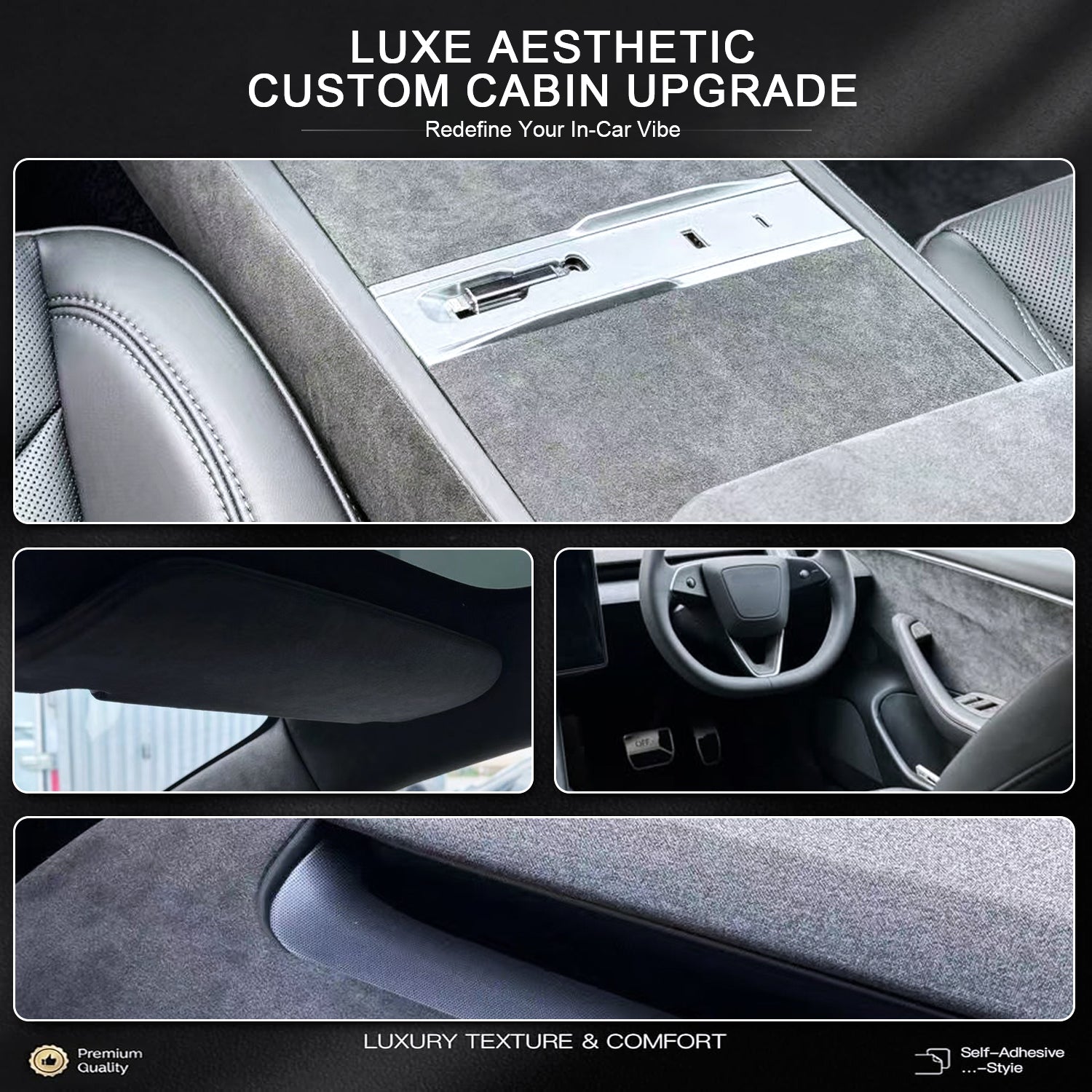 Self-adhesive suede fabric, ideal for automotive interior modification including dashboards, trunk side panels, wheel arch trim panels, door panels and more.