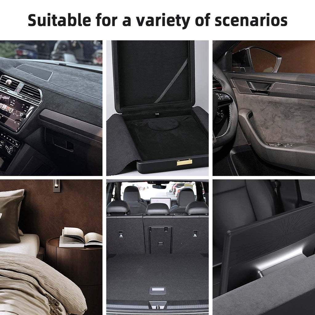 Self-adhesive suede fabric, size 50×140cm, ideal for automotive interior refitting. Perfect for covering dashboards, trunk side panels, wheel arch trims, door panels and other auto interior parts.