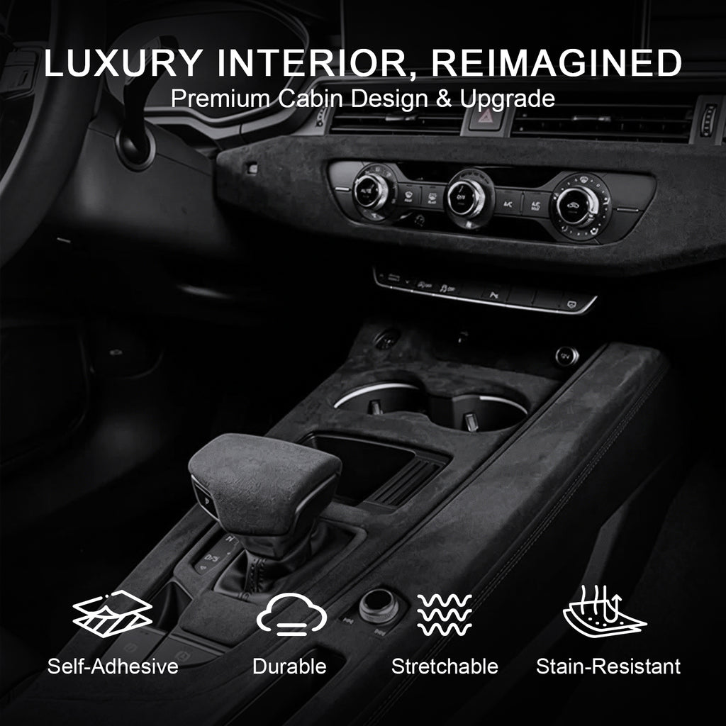 Self-adhesive suede fabric, ideal for automotive interior modification including dashboards, trunk side panels, wheel arch trim panels, door panels and more.