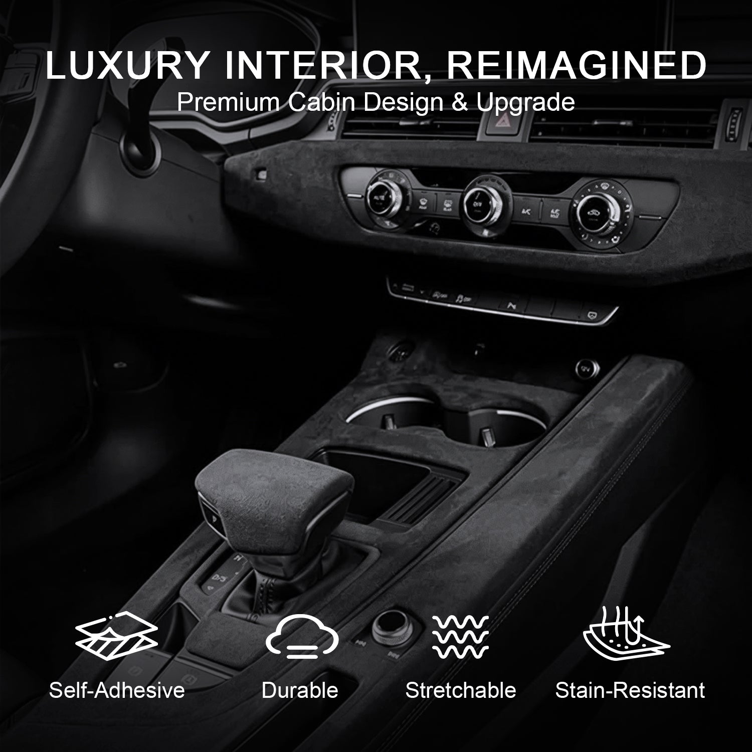 Self-adhesive suede fabric, ideal for automotive interior modification including dashboards, trunk side panels, wheel arch trim panels, door panels and more.