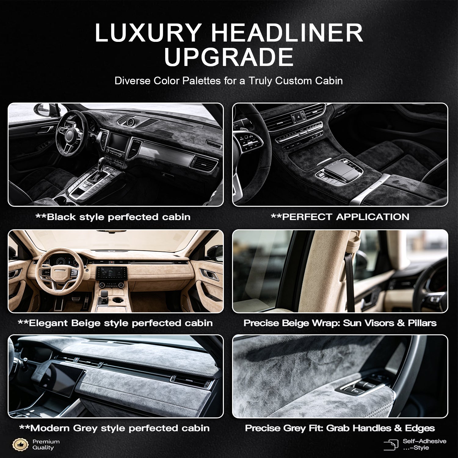 Self-adhesive suede fabric, ideal for automotive interior modification including dashboards, trunk side panels, wheel arch trim panels, door panels and more.