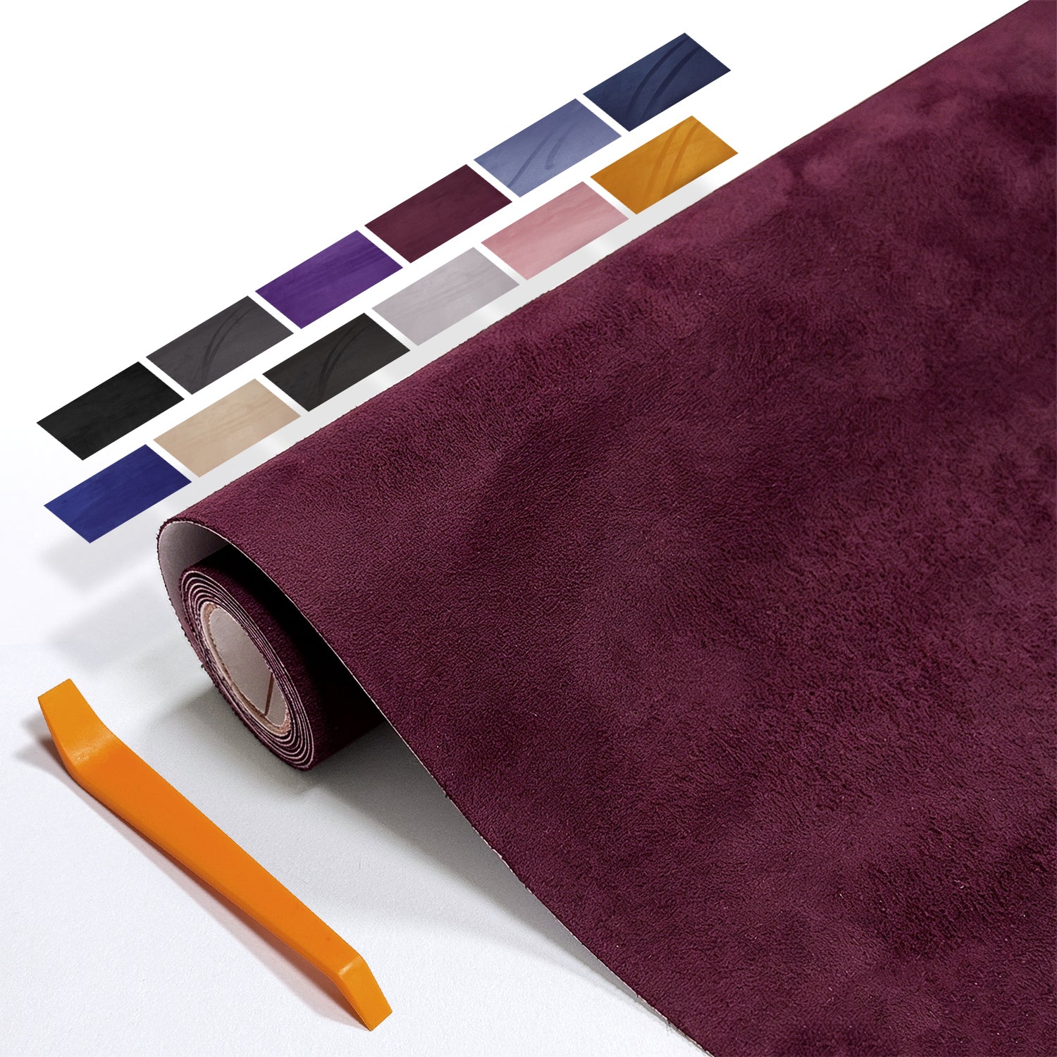 Self-adhesive suede cloth in 40×140cm size. Designed for partial automotive interior wrapping. Perfect for door panels, wheel arch trims, small decorative parts and touch-up modification.