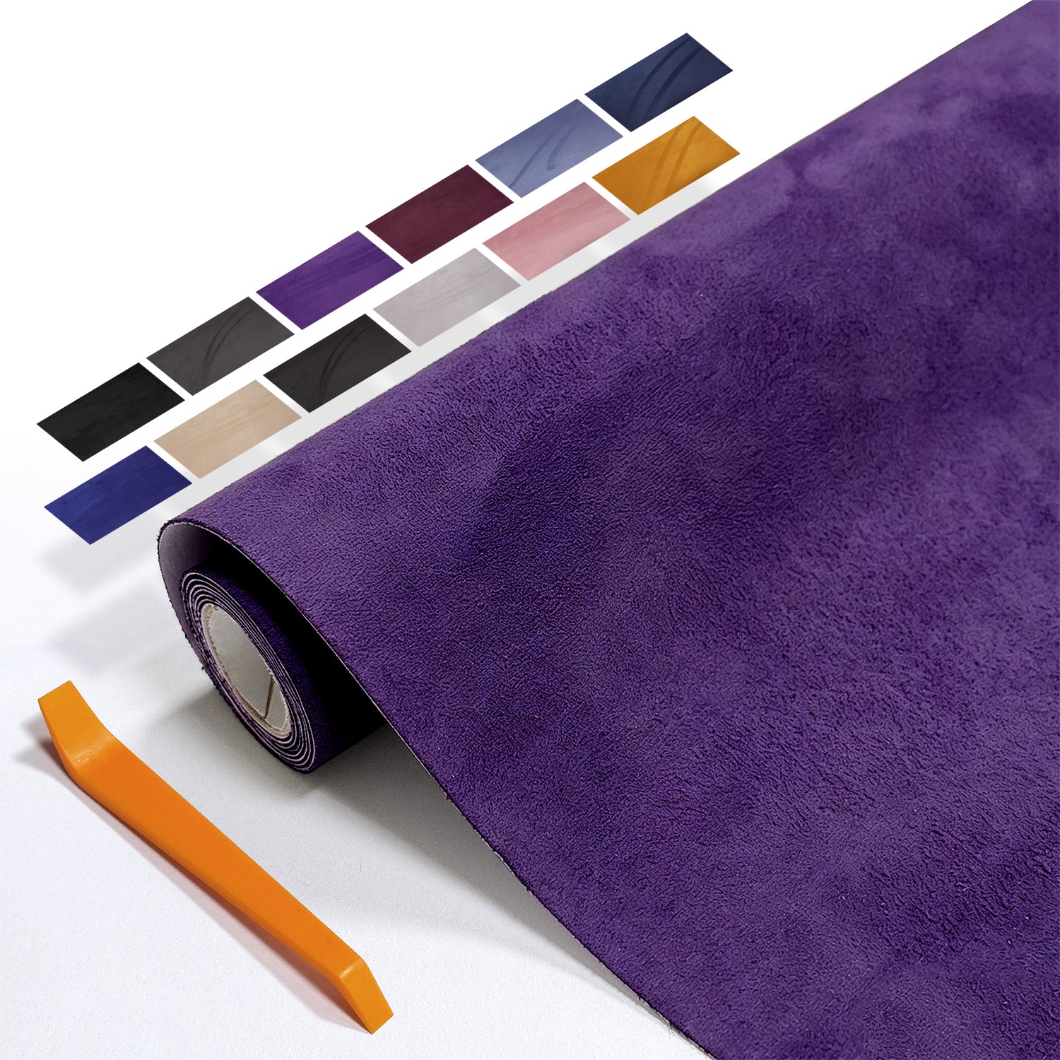 Self-adhesive suede cloth in 40×140cm size. Designed for partial automotive interior wrapping. Perfect for door panels, wheel arch trims, small decorative parts and touch-up modification.