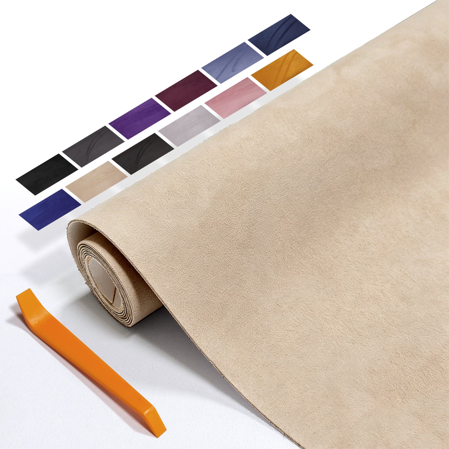 Self-adhesive suede cloth in 40×140cm size. Designed for partial automotive interior wrapping. Perfect for door panels, wheel arch trims, small decorative parts and touch-up modification.