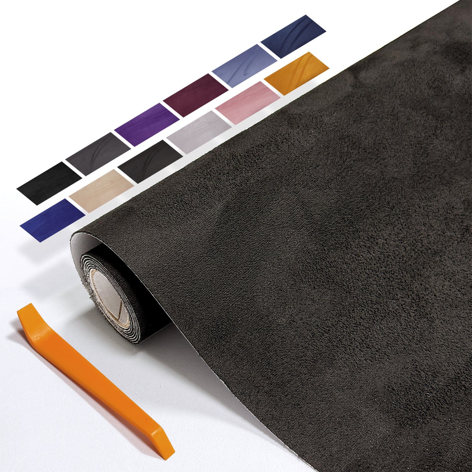 Self-adhesive suede cloth in 40×140cm size. Designed for partial automotive interior wrapping. Perfect for door panels, wheel arch trims, small decorative parts and touch-up modification.