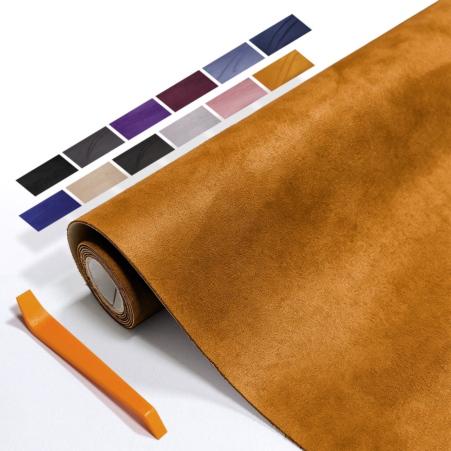 Self-adhesive suede cloth in 40×140cm size. Designed for partial automotive interior wrapping. Perfect for door panels, wheel arch trims, small decorative parts and touch-up modification.